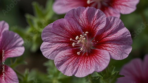 Fototapeta Beautiful pink flower blooming in a garden with soft petals and lush green background.