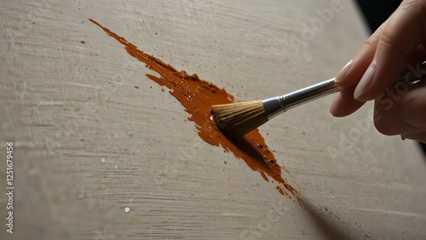 Fototapeta Paintbrush resting on surface dipped in brown paint for renovation or DIY paint project
