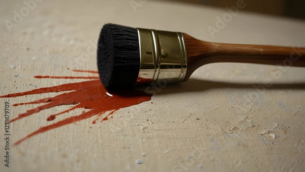 Fototapeta Paintbrush resting on surface dipped in brown paint for renovation or DIY paint project