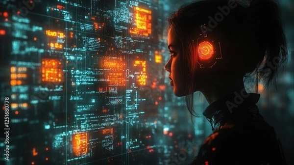 Fototapeta High Technology E-Learning Webinar in Cyberpunk Digital World with Holographic Education and Skills Development