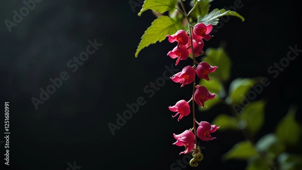 Fototapeta Beautiful bleeding-heart flower cluster in bright light with a dark shaded background