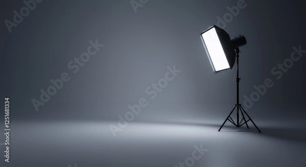 Fototapeta Studio Light Equipment with Softbox on Stand in Empty Dark Room