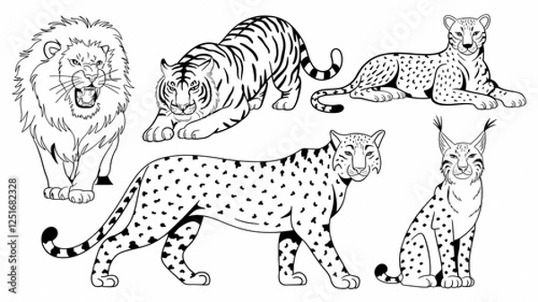 Fototapeta Hand-Drawn Illustrations of Wild Cats, Lion, Tiger, Leopard, and Lynx
