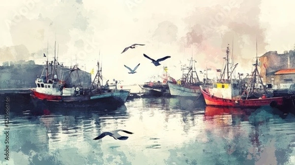 Fototapeta Watercolor painting of fishing boats docked at misty harbor, with seagulls flying overhead