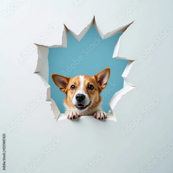 Obraz dog peeking through a broken hole in a wall, generative AI