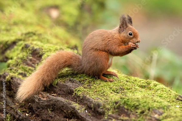 Fototapeta Red Squirrel on a moss covered fallen tree trunk