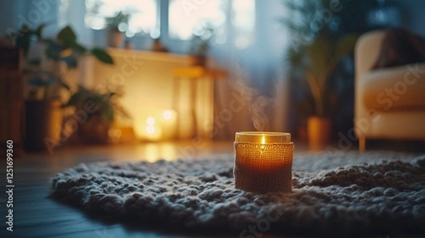 Fototapeta A cozy interior scene featuring a lit candle on a textured rug, surrounded by plants and soft lighting that creates a warm ambiance.