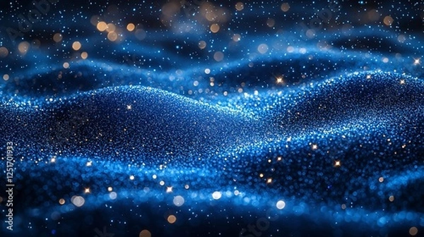 Fototapeta Abstract digital particles swirling, deep blue and gold, futuristic background, for screensaver or wallpaper