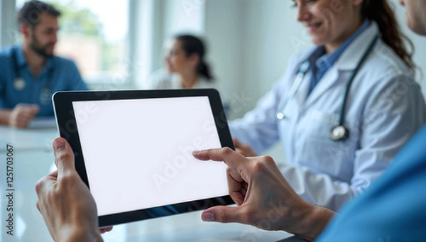 Fototapeta Medical professional holding a tablet with an empty screen for mockup ui
