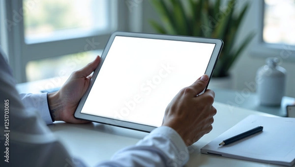 Fototapeta Professional holding a tablet with an empty screen for mockup ui