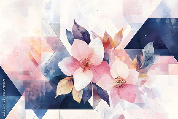 Fototapeta soft pink petals merge with translucent blue and white shapes, creating a harmonious blend of nature and abstract art in a delicate digital composition