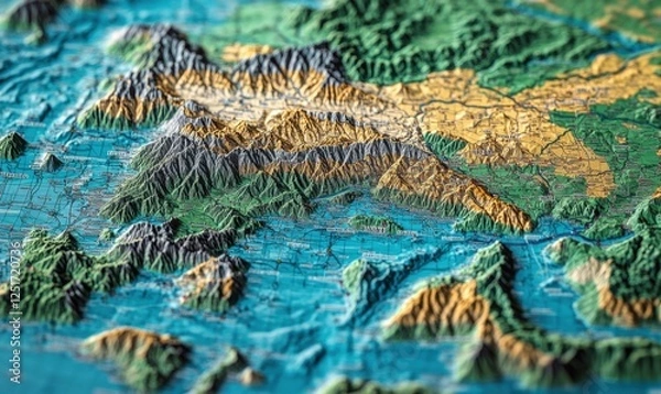 Fototapeta Detailed 3D relief map of mountainous region, showing rivers and valleys.  Use geography education