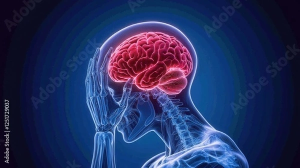 Fototapeta Human brain highlighted in red showing migraine or headache medical with x ray effect and hands touching head