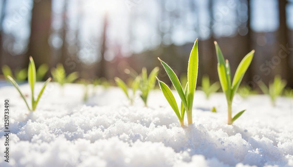Fototapeta New grass sprouts emerging from snow in a tranquil forest setting