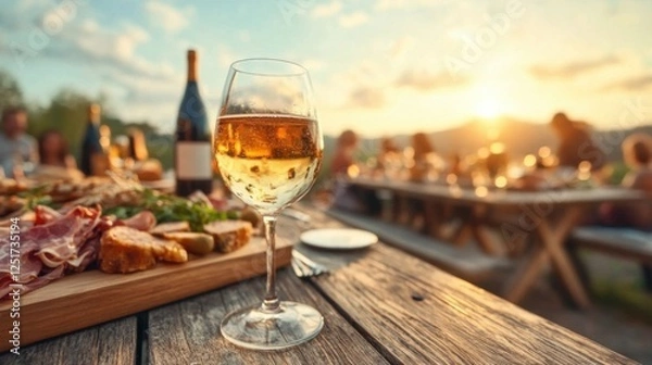 Fototapeta Relaxing outdoor dining experience with wine and gourmet food at sunset scenic countryside setting lifestyle warm atmosphere inviting viewpoint