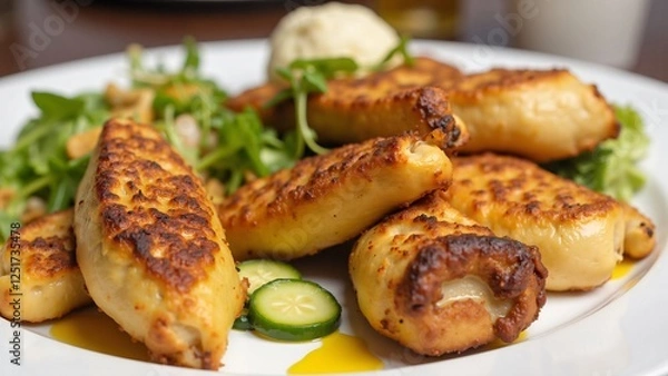 Fototapeta Delicious Crispy Fried Cheese Rolls with Fresh Salad and Cucumbers