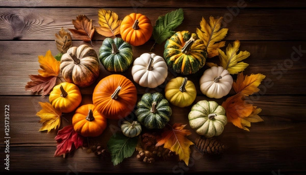 Fototapeta thanksgiving season nonetheless life with colourful small pumpkins acorn squash fruit and fall leaves over rustic timber background
