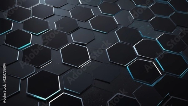 Fototapeta Abstract 3D hexagonal grid design featuring glowing blue and orange highlights on a dark surface, evoking a high-tech futuristic theme.
