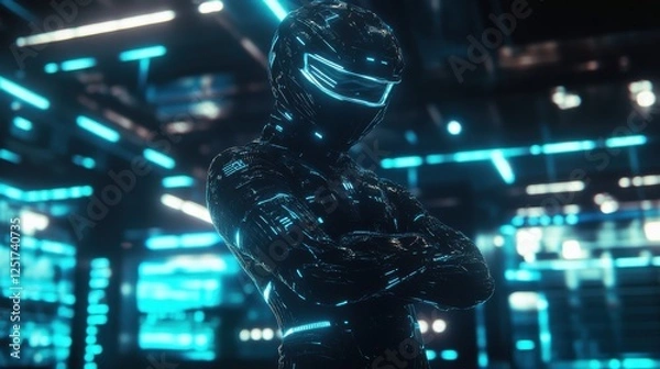 Fototapeta A stylish representation of a cyborg-like figure surrounded by glowing neon lights, symbolizing technology, futurism, and the fusion of man and machine in a vibrant environment.