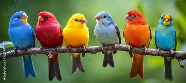 Obraz Adorable row of pastel-colored birds perched on a branch, showcasing a soft and delicate palette against a blurred natural background, perfect for spring or whimsical designs