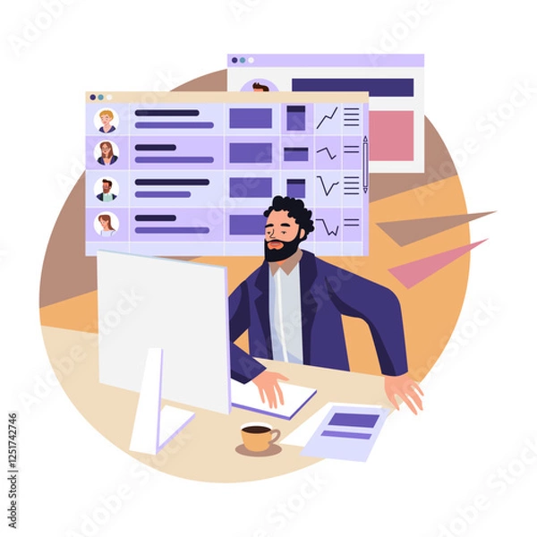 Fototapeta Vector, businessman in the office at the computer, team leader, HR, employee productivity check, colleagues. Vector illustration