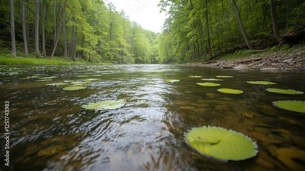Fototapeta Tranquil river scene with lily pads national forest nature photography serene environment low angle view peace and calm