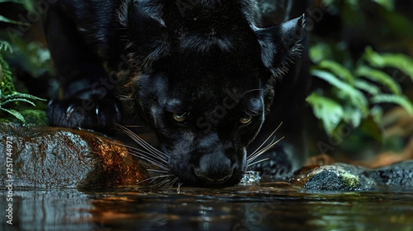 Fototapeta Majestic black panther lowering head to drink from forest stream with intense yellow eyes reflecting in dark water, dramatic wildlife photography capturing powerful wild predator in mysterious jungle 