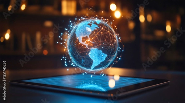 Obraz Futuristic 3D holographic globe projection rising from digital tablet screen with glowing connection network points, high-tech global communication concept representing worldwide internet connectivity