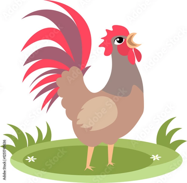 Obraz Farm Animals. Cute farm. A cute rooster sings on the green grass. Collection of farm animals. Baby flat vector illustration. Isolated