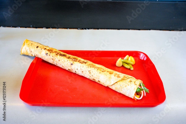 Fototapeta Lavash zurna doner kebab ( zurna  durum )  or shawarma sliced in plate isolated.  hatay usulu tavuk Et doner durum. Gobit ekmek arasi doner. Pilavustu iskender doner kebap. 