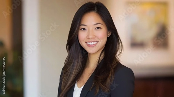 Fototapeta Confident and beautiful Asian woman in a well-fitted suit, smiling in a bright office background. Her professional appearance and positive personality make her stand out in a corporate setting.