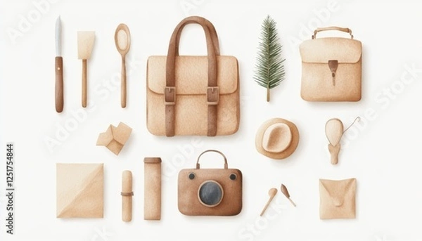 Fototapeta Minimalist watercolor illustration featuring various tools and accessories, including bags, utensils, and camera, evoking creativity and