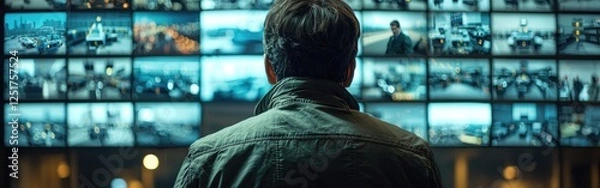 Fototapeta Military surveillance officer monitors city operations in high-tech control center