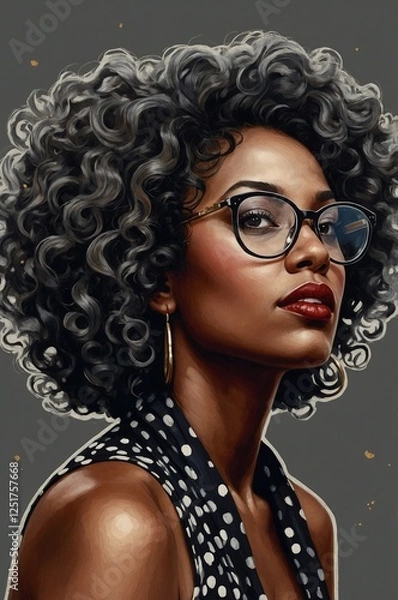 Obraz Elegant black and gray stencil art impasto illustration of a beautiful Black woman with voluminous curly hair, large glasses
