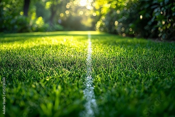 Fototapeta a crisp white line painted on lush green grass with blurred background lighting