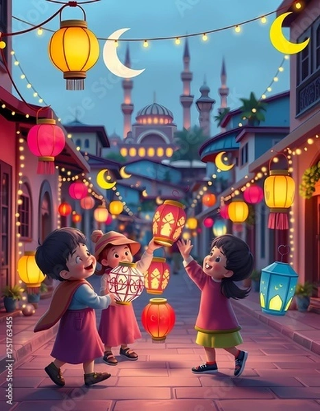 Fototapeta A cheerful 3D illustration of children playing with colorful Ramadan lanterns (fanous) in a street decorated with fairy lights and crescent moons.