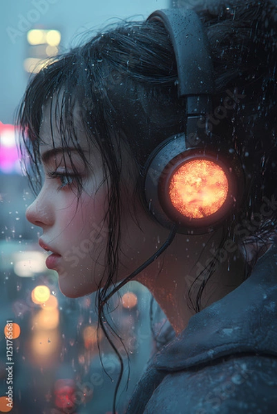 Fototapeta Young woman listening to music while standing in the rain at night. Generative AI