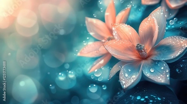 Fototapeta A serene image of flowers in a garden, their petals adorned with water droplets that catch the sunlight, creating a dreamy and tranquil scene