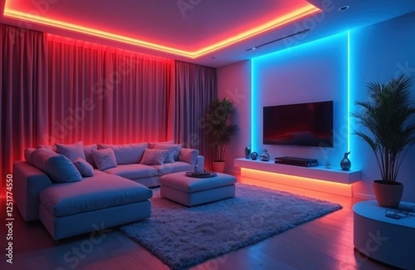 Fototapeta Modern living room illuminated by LED strips creates futuristic ambiance. Comfortable sofa, cozy carpet, stylish furniture adds to luxury feel. Interior design features TV, plants, neon lights. 3D