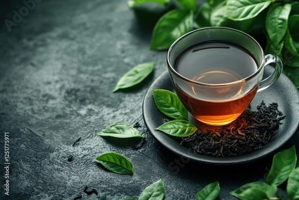 Fototapeta A close-up of a glass cup filled with brewed tea sits on a dark plate, complemented by fresh and dried tea leaves nearby