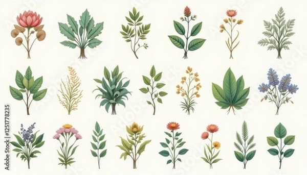 Fototapeta A set of decorative plant illustrations on a white background