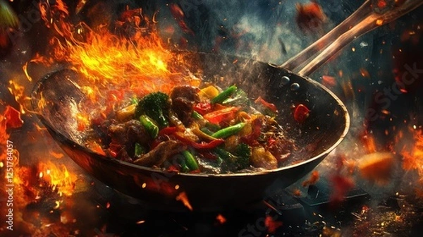 Fototapeta A vibrant scene of a wok on high heat with stir-frying vegetables and meat, showcasing the dynamic action of cooking and the bright colors of the ingredients.