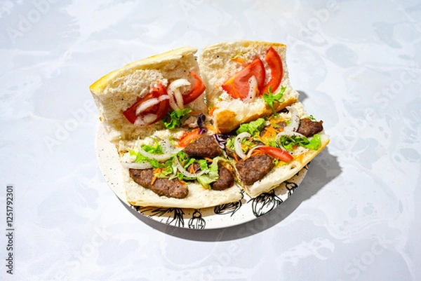 Fototapeta Very nice izmir patties, potatoes, tomatoes and Turkish spices. Eksili eksili Izmir sulu Kofte. Fellah, ekmek arasi izgara kofte.Izgara kofte. Manisa, Akcaabat, Akhisar kofte.