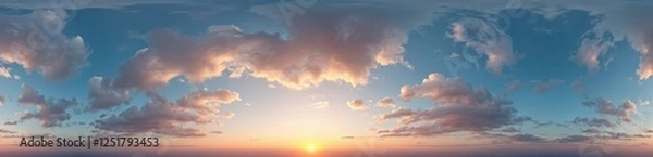 Obraz Seamless equirectangular sky panorama stratocumulus clouds during sunset. Ball-shaped aerial full zenith view works for 3D graphics game aerial drone panoramas sky replacement use environment