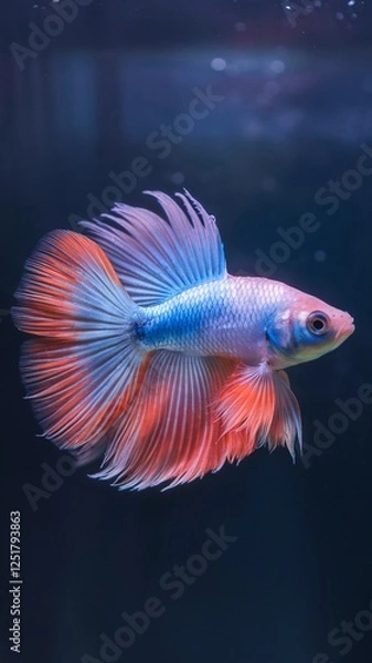 Fototapeta A stunning betta fish with vibrant blue and red colors swimming gracefully in aquamarine water.