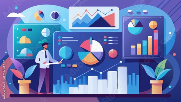 Fototapeta Business data analysis, futuristic interface, holographic charts, colorful graphs, office workers, digital technology, financial statistics, interactive dashboard