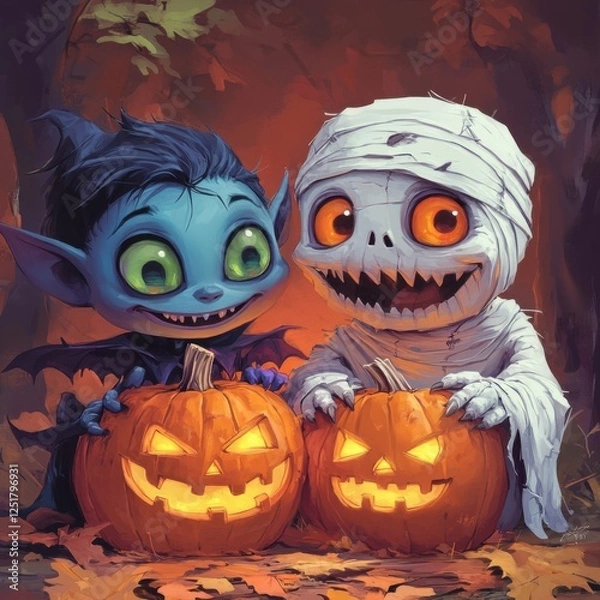 Fototapeta Adorable Characters with Pumpkins in a Spooky Forest Setting