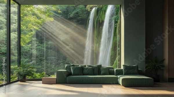 Obraz Modern Living Room With A Forest View And Waterfall Soundscape With Sunlight Streaming Through The Windows