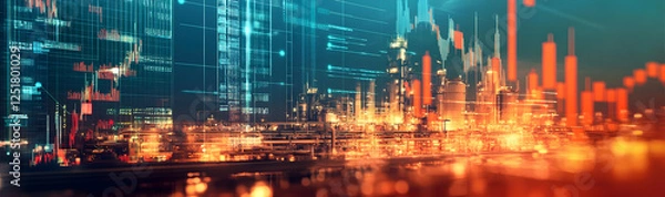 Fototapeta Industrial banner of an oil and gas refinery with storage tanks, overlaid with price charts and energy concepts AI Generated