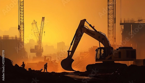 Fototapeta Industrial construction site in the midst of development, showcasing heavy machinery and workers AI Generated